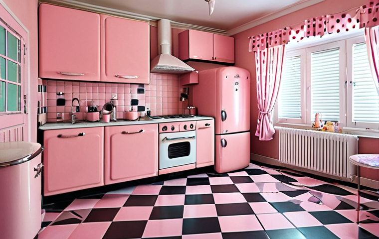 ** Pastel pink kitchen with 1950s appliances, featuring polka dot curtains and checkered floors.
**