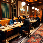 A cozy cafe scene in Istanbul, Turkey, with patrons enjoying Turkish coffee and pastries. The decor features vintage Turkish carpets, copper accents, and warm lighting. Everyone is fully clothed in modest, everyday attire. safe for work, appropriate content, fully clothed, professional, perfect anatomy, natural pose.