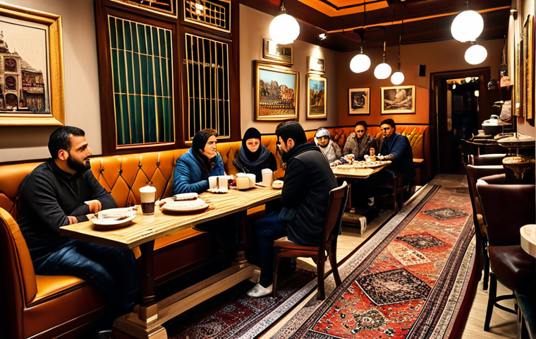 A cozy cafe scene in Istanbul, Turkey, with patrons enjoying Turkish coffee and pastries. The decor features vintage Turkish carpets, copper accents, and warm lighting. Everyone is fully clothed in modest, everyday attire. safe for work, appropriate content, fully clothed, professional, perfect anatomy, natural pose.