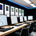 뉴트로 디자인의 다양한 스타일 - Pixel Art Design Studio**

"A brightly lit, modern design studio filled with computers displaying pi...