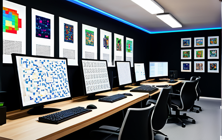 뉴트로 디자인의 다양한 스타일 - Pixel Art Design Studio**

"A brightly lit, modern design studio filled with computers displaying pi...